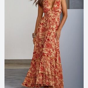 Tropical Red and Cream Maxi Dress